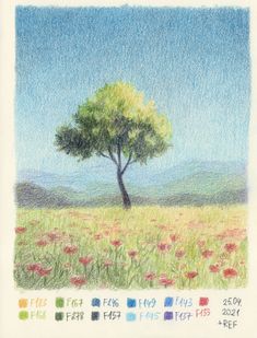 a colored pencil drawing of a tree in a field with poppies and mountains in the background