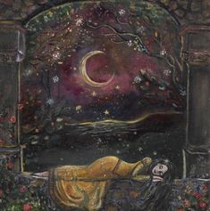 a painting of a woman laying on the ground in front of a tree and moon