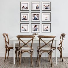 a dining room table with four chairs and pictures on the wall above it that have family photos in them