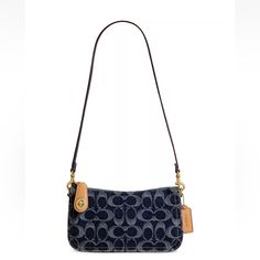 Small-Sized Bag; 8-1/4"W X 4-3/4"H X 1-1/4"D (Width Is Measured Across The Bottom Of Handbag); 0.66 Approx. Weight Silhouette Is Based On 5'9" Model 12"L Removable Strap Zip-Top Closure Brass-Tone Exterior Hardware, Logo Tag, 3 Credit Card Slots & Fabric Lining Signature Cotton & Polyester Denim/Glovetanned Leather Spot Clean Elegant Denim Blue Bag For Everyday Use, Classic Denim Bag For Everyday Use, Designer Denim Blue Shoulder Bag For Everyday, Coach Blue Bag, Everyday Denim Blue Bags With Branded Hardware, Everyday Blue Coach Bag, Designer Denim Blue Rectangular Shoulder Bag, Coach Blue Rectangular Shoulder Bag, Designer Denim Blue Shoulder Bag