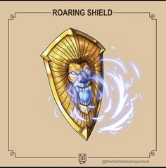 an image of a golden shield with blue eyes and a lion's head on it