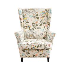 an upholstered chair with flowers on it