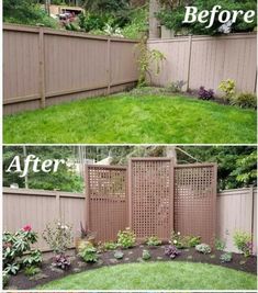 the before and after pictures of a backyard garden with flowers, grass and fenced in area