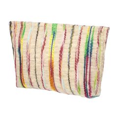 a multicolored striped pillow on a white background