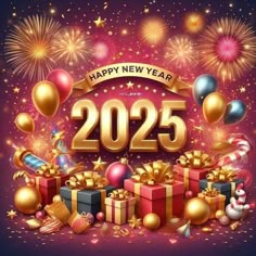 happy new year fireworks and presents on purple background with gold lettering, stars and balloons