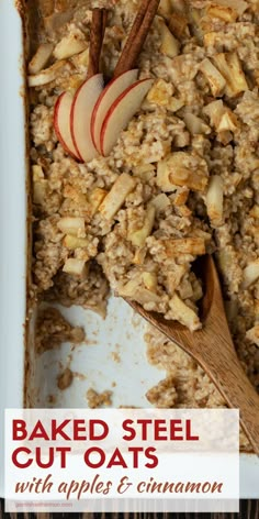 baked steel cut oats with apples and cinnamon in a white dish on a wooden table