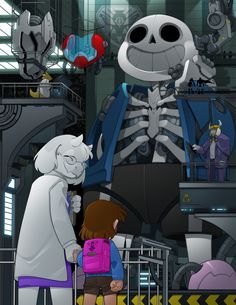 an animated skeleton is standing next to a child