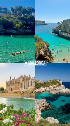 four different pictures with people swimming in the water and on the beach at mallorca