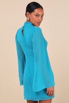 We promise that everyone will be obsessed with the flawlessness of the Lulus Guaranteed Chicness Teal Blue Mock Neck Mini Dress! Lightweight woven chiffon shapes this cute and elegant dress that features semi-sheer, bell-style long sleeves with gathering at the shoulders and a classy mock neck (that secures with bottom-loop closures at the back). The figure-skimming, fit-and-flare silhouette falls to a breezy mini hem. Keyhole cutout and hidden zipper/clasp at back. Fit: This garment fits true t Dress Bell Sleeve, Bell Sleeve Mini Dress, Mock Neck Mini Dress, Bright Dress, Statement Sleeves, Blue Mini Dress, Cutout Dress, Elegant Dress, Fall Dresses