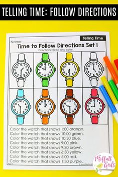 telling time to follow directions with color pencils next to it on a yellow background