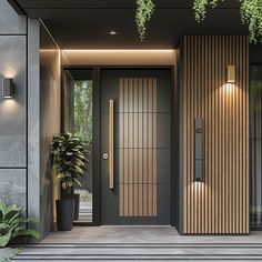 the front door to a modern home with plants and potted plants on either side