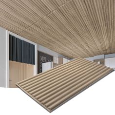 the interior of a house with wood slats on the ceiling