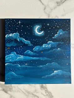 a painting of the night sky with stars and clouds painted on it in acrylic paint