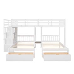 the bunk bed is white and has two sets of drawers on each side, one with an open drawer underneath it