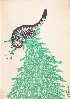 a drawing of a cat on top of a pine tree