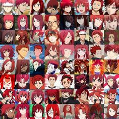 many different anime characters with red hair