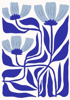 a blue and white painting with flowers on it