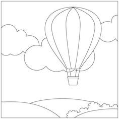 a hot air balloon flying in the sky with clouds and hills behind it coloring page