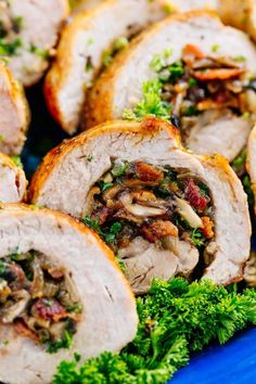 several slices of stuffed pork with mushrooms and herbs