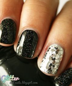 Silver Nail, Her Nails, Silver Nails, Black Sparkle, Manicure E Pedicure, Love Nails