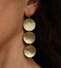 "Suitable for a formal occasion, but also easily worn with a plain summer dress, these ancient greek style earrings will give a glamorous look to your outfit! I designed, hand-shaped and hand-textured them! Their drop lengthis about 6.5cm. Hook is gold plated bronze. Don't forget to check out my matching bracelet: https://www.samsabyelena.com/listing/592636985/disc-bracelet-bronze-disc-bracelet Please like and share! *IMPORTANT: All of my jewelry is handcrafted so please expect some variations f Ancient Greek Earrings, Greek Earrings, March Birthstone Necklace, Disc Bracelet, Aquamarine Necklace, Greek Style, Disc Earrings, Matching Bracelet, Matching Bracelets