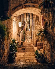 an alley way with stone walls and steps leading to potted plants on either side