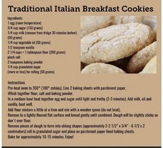 the recipe for traditional italian breakfast cookies is shown in an advertisement with information about it