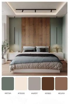 a bedroom with a large bed and wooden slats on the wall, along with several color swatches