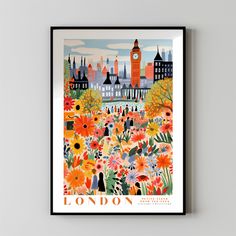 an image of a london poster with flowers and the big ben clock tower in the background