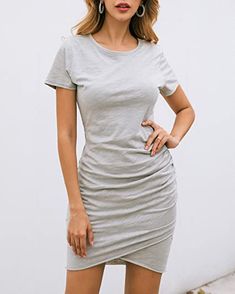 BTFBM Women's Casual Crew Neck Short Sleeve Ruched Stretchy Bodycon T Shirt Short Mini Dress Fashion Outfit #fashion #outfits Casual Beach Dress, Dress Amazon, Grunge Shirt, Short Sleeve Summer Dresses, Short Bodycon Dress, Drawstring Dresses, Short Sleeve Bodycon Dress, Grunge Look, Uk Clothing