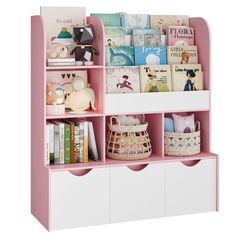 a pink and white book shelf filled with books