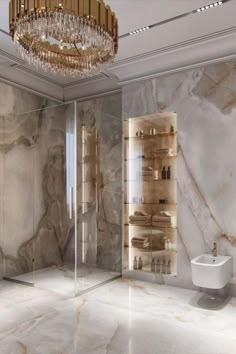 a bathroom with marble walls and flooring, a chandelier above the shower