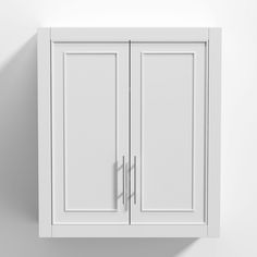 a white cabinet with two doors on the wall