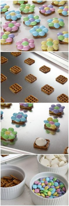 the process of making colorful cookies and waffles is shown in three different stages