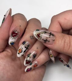 Gothic Romance Nails, American Traditional Nails, Tattooed Nails, Whimsigoth Nails, Eclectic Nails, Cool Nails, Tattoo Nails