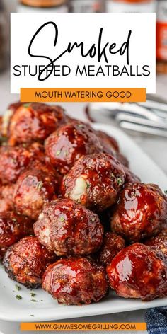 baked meatballs on a white plate with text overlay that reads cooked stuffed meatballs mouthwatering good