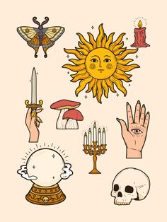 an image of various items that are in the shape of a sun and other things