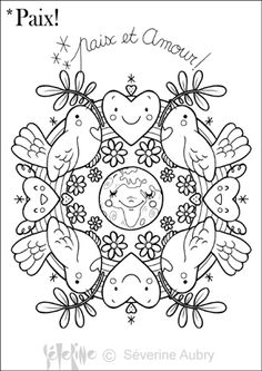 a coloring page with birds and hearts in the center, says paix new et annouy