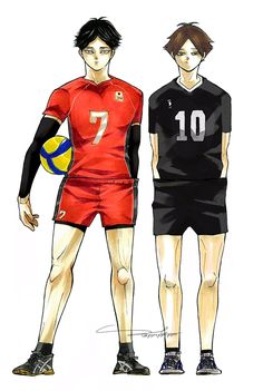 two men in soccer uniforms standing next to each other with numbers on their shirts and shorts