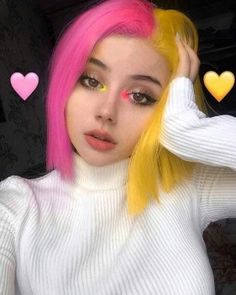 Pink And Yellow Hair, Half Colored Hair, Half And Half Hair, Cute Hair Colors, Neon Hair, Dyed Hair Inspiration, Split Hair, Photographie Portrait Inspiration