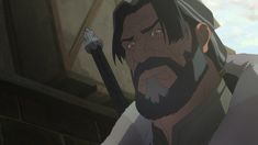 an animated man with a beard and long hair holding a knife in one hand while looking at the camera