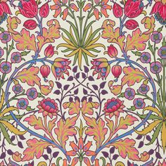 an intricately designed wallpaper with flowers and leaves in pink, green, yellow and blue