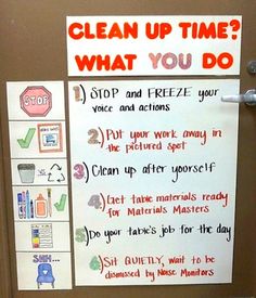 a sign posted on a door that says, clean up time what you do