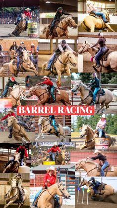 several pictures of people riding horses in an arena with the words barrel racing on them