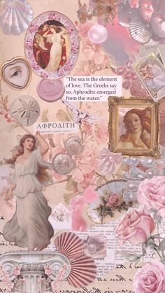 an altered collage with pink roses, pictures and words on it's side