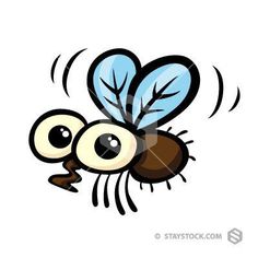 a cartoon fly insect with big eyes and large antennae, flying through the air on a white