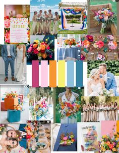 a collage of photos with different colors and flowers on them, including oranges, pinks, yellows, and blue