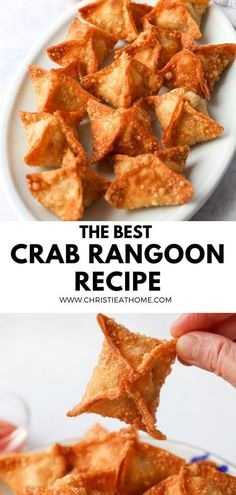 the best crab rangoon recipe is served on a white plate with dipping sauces