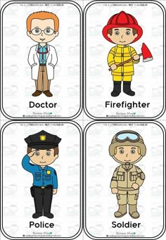 four different types of police uniforms with the words doctor, firefighter, soldier and policeman