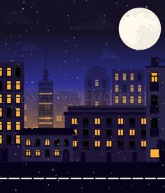 night cityscape with skyscrapers and full moon in the sky, flat style